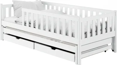 Produktbild von Kinderbett mit Ausziehbett und zwei Schubladen, Rausfallschutz und Lattenrost, Kinder Bett | weitere Größen: 80x160, 80x180, 90x200cm | 90x190cm: von 4. bis 13. Lebensjahr, Weiß
