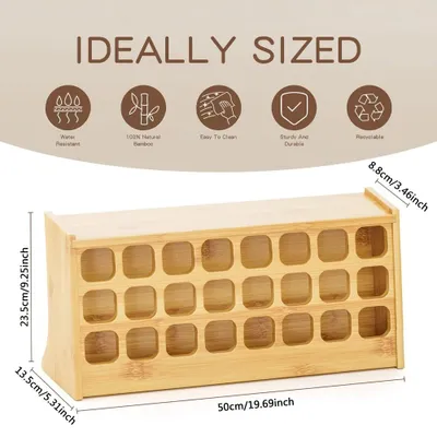 Produktbild von Gewürzregal - 3-stufiges Bambusregal - Für 24 Gläser - Schräge Ablage - Für Arbeitsplatte, Schrank und Speisekammer - Montierbar - Vielseitig