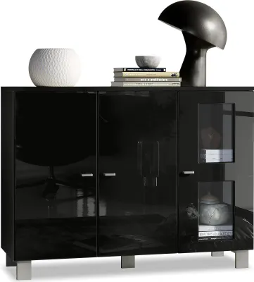 Produktbild von Vladon Sideboard Denjo, Germany, Kommode mit 3 Türen, Schwarz matt/Schwarz Hochglanz (107 x 81 x 35 cm)