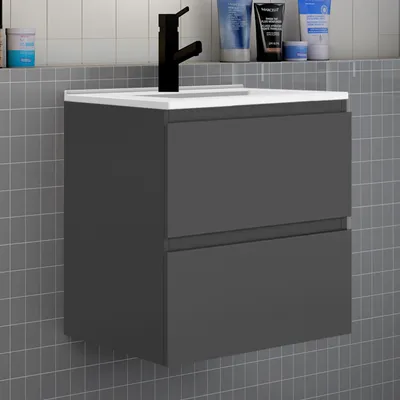 Produktbild von Badezimmermöbel 60cm CINIC-Serie Dünn Keramik Waschtisch mit Unterschrank Hängeschrank Badezimmerschränke mit 2 Schubladen Anthrazit