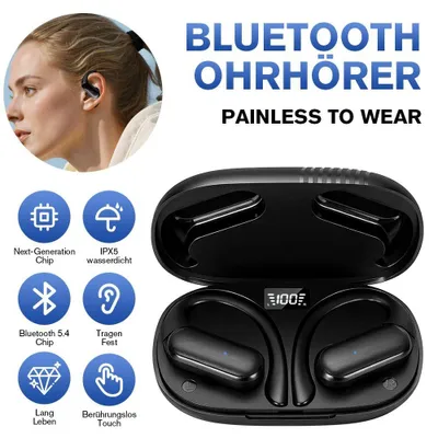 Immagine prodotto di Cuffie Bluetooth open-ear, wireless, con microfono, ideali per sport, palestra, corsa, tempo libero, monitoraggio live per DJ e monitoraggio in studio. Display digitale