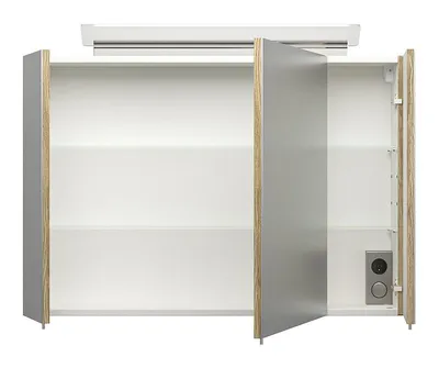 Productafbeelding van Spiegelschaaf 90 met LED-acrylglasverlichting, licht eikenhout. Energie-efficiëntieklasse: F
