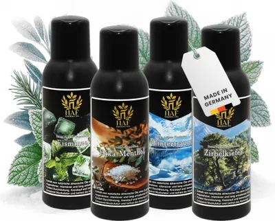 Produktbild von HAF Saunaaufguss Set „Winterwunder“ - 4 x 100ml Sauna Aufgussmittel Eisminze, Euka-Menthol, Wintertraum, Zirbe