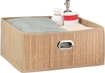 Zdjęcie produktu dla Relaxdays Kosz do przechowywania z bambusa, kwadratowy koszyk łazienkowy, płaski kosz z tkaniny na półkę, wymiary 14 x 31 x 31 cm, składany, kolor naturalny