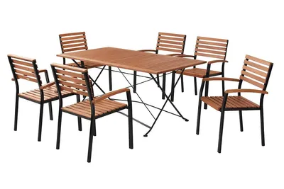 Produktbild von Merxx Gartenmöbelset Schlossgarten 7tlg., 6 Stapelsessel, 1 Tisch 160 x 90 cm - Flachstahl/Eukalyptus