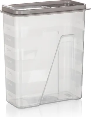 A clear studio shot of a transparent food storage container with a gray lid.