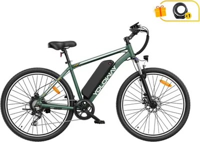 A green electric bicycle is shown against a white background. Accessories like a gift box and a lock are visible in the top right corner.