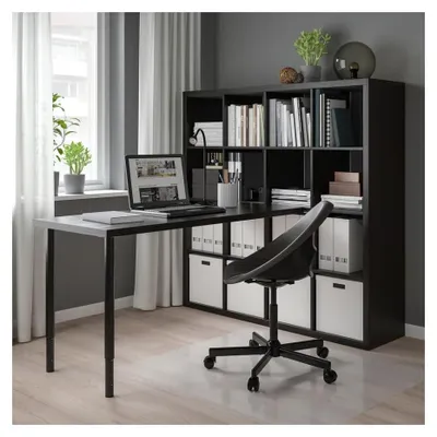 Image de Pied de table OLOV en acier, de couleur noire, réglable de 60 à 90 cm, avec embout de protection pour le sol et vis pour fixer le plateau de table