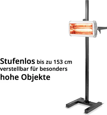 A product image showing an infrared paint dryer on a stand, with descriptive text on the left.