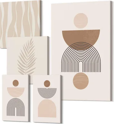 Produktbild von Wandbilder Leinwand 5-teilig – – Polycanvas Kunstdruck – Moderne Bilder für Wohnzimmer & Schlafzimmer – Aufhängefertig – 2x 30x30 cm + 2x 20x30 cm + 1x 40x60 cm – Abstrakte geometrische Formen in Naturtönen