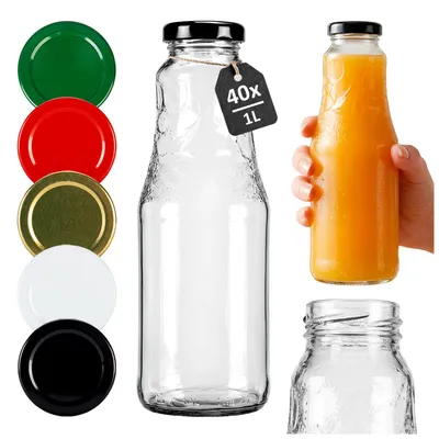Zdjęcie produktu dla SuperButelki - 40x Butelka szklana SOCZEK 1000 ml z zakrętką, 1 l na soki wino napoje kompot + lejek i E-BOOK z przepisami, 1l na sok, zestaw butelek