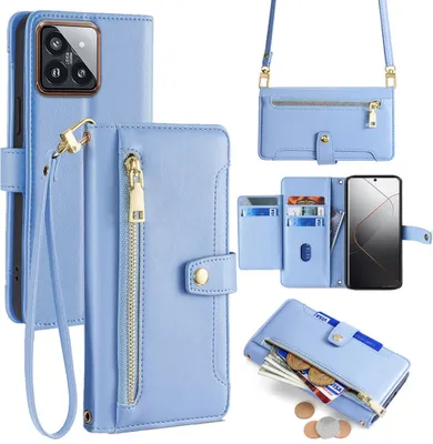 Produktbild von Handykette Xiaomi Hülle mit Band Handyhülle Kartenfächer Kunstleder Umhängetasche 14 Pro Hellblau