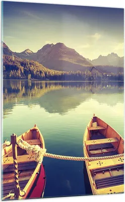 Produktbild von Bilder auf glas - Einteilig - Berge See Boot - 70x100cm - Glasbilder - Wandbilder - Bilder - zum Aufhängen bereit - Wanddekoration aus Glas - Glas Bilder - Wandbild auf Glas - GPA70x100-3652