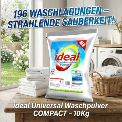 A bag of laundry detergent is displayed on a wooden table in front of a window with a garden view and a washing machine in the background.