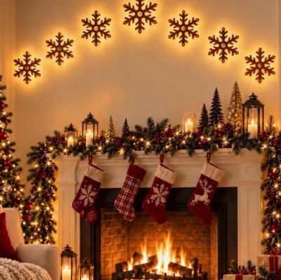 Image de 7 pièces de décoration murale pour Noël, éclairées et avec télécommande. Décorations de Noël en bois