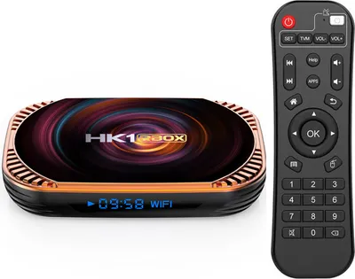 A smart TV box and its remote control are displayed on a white background.