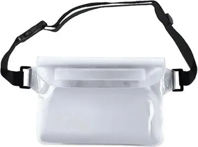 A clear, front-facing shot of a waterproof pouch with a black adjustable strap.