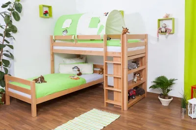 Produktbild von Kinderbett Etagenbett Moritz L Buche Vollholz massiv natur mit Regal, inkl. Rollrost - 90 x 200 cm, teilbar