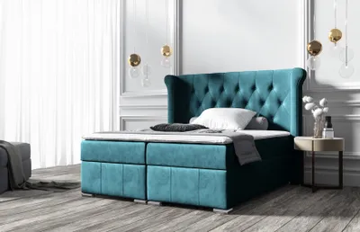 Produktbild von Bett Kontinentalbett mit Bettkasten aus hydrophobem Stoff Vintage Glamour In Türkis Matte Velve 77 Gisele 160/200 cm
