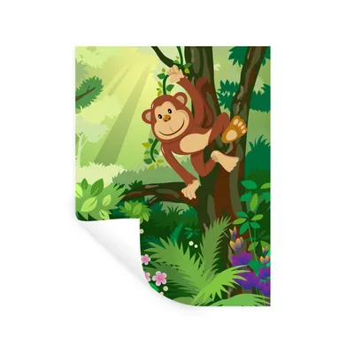Produktbild von MuchoWow® Wandtattoo Wandsticker Wandaufkleber Affe - Dschungel - Jungen - Mädchen - Blumen - Kinder 90x120 cm Selbstklebend und Repositionierbar - Faltenfrei