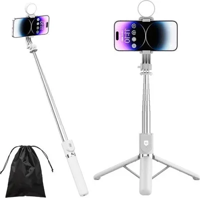 Produktbild von 4-in-1 Selfie-Stativ mit LED-Licht - 50 Zoll ausfahrbare - drahtlose Fernbedienung - weißer Mobiltelefon-Selfie-Stick