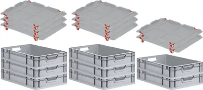 Produktbild von SuperSparSet 8x Eurobox NextGen Economy mit Auflagedeckel und 4x Schiebeschnappverschlüsse Rot | Griffe offen | HxBxT 12x40x60cm | 23 Liter | Eurobehälter, Transportbox, Transportbehälter, Stapelbehälter