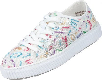 A single white sneaker with colorful lace overlay is shown against a white background.