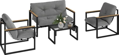 Image de Outsunny Salon de jardin extérieur 4 personnes, 4 pièces avec canapé, 2 fauteuils et table basse en verre trempé, coussins inclus, mobilier de jardin patio balcon terrasse, gris