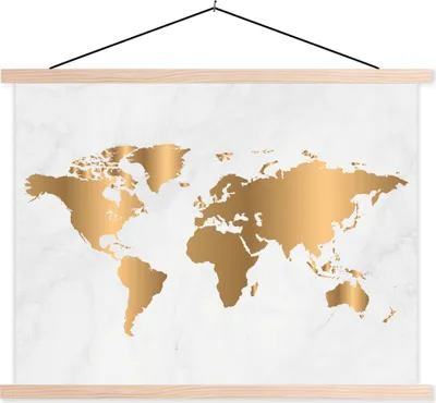 Produktbild von MuchoWow® Textilposter Weltkarte - Marmor - Gold 40x30 cm mit holzfarbenen Rahmen - Bilder