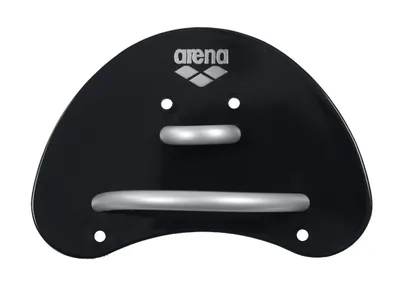 A black Arena brand swimming hand paddle with silver grips, shown against a white background.