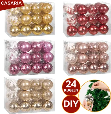 Image de Set de 24 boules de Noël Ø 8 cm en plastique transparent avec déco personnalisable Décoration sapin doré