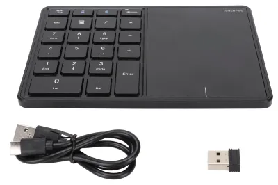 Zdjęcie produktu dla Bezprzewodowa klawiatura numeryczna 2,4 GHz, ergonomiczna, kąt nachylenia 7,5 stopnia, zasięg 10 m, złącze Type-C, 22 klawisze, klawiatura numeryczna z panelem dotykowym, kolor czarny