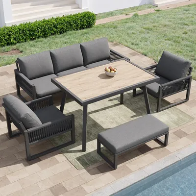Produktbild von Gartenmöbel Set 6-7 Sitzer mit Esstisch Lounge 5-teilig Sitzgruppe Outdoor Sofa Seil-Geflecht Wetterfest Olefin-Polster Terrasse Balkon