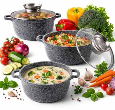 Produktbild von 6-teiliges Topfset | mit marmorierter Beschichtung | 2,5/4,5/6,8L Kochtopf| Silikongriffe | mit Deckel | Antihaftbeschichtung | Induktion | ideal als Geschenk | für alle Herdarten | GRAU MP2158