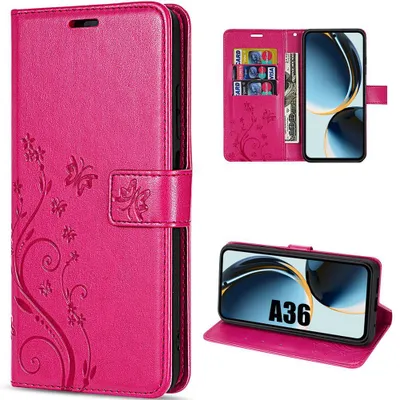 Image de Coque pour Samsung Galaxy A36 5G, Protection Anti-Rayures Antichoc Synthécuir Fuchsia Motif Floral Papillon