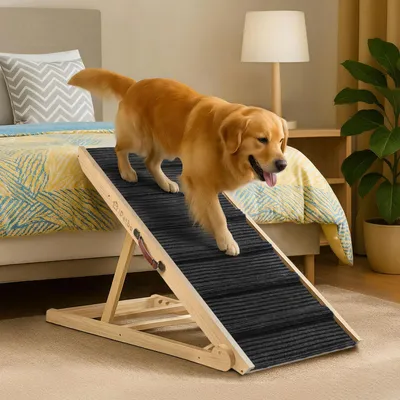 Immagine prodotto di Rampa per cani in legno, regolabile da 30 a 60 cm, adatta a cani di piccola e grande taglia, con una portata massima di 90 kg