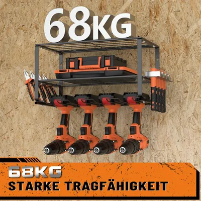 Obrázek produktu pro Regál na nářadí – Nástěnný držák na vrtačky z oceli – 3 úrovně – Prostor pro 4 vrtačky – Úložný prostor na nářadí do garáže – 40x20x21,5 cm