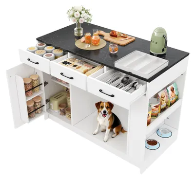 Produktbild von Merax Sideboard Kücheninsel mit Haustierbereich, 3 Schublade, Tür, Gewürzregal, Katzennapfbereich, Küchenwagen, Küchenschrank, 120×60×90 cm, Weiß