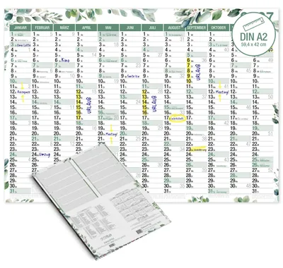 Produktbild von Wandkalender 2027 A2 Eukalyptus Querformat – Jahresplaner mit Schulferien KW Feiertage große Felder