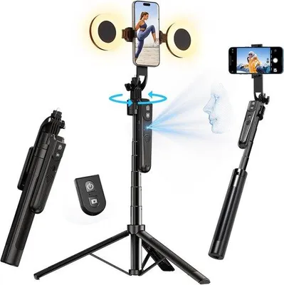 Zdjęcie produktu dla Automatyczny statyw do selfie z oświetleniem, bez aplikacji, obrót o 360°, uchwyt na smartfon o wysokości 180 cm z czujnikiem ruchu, składana podpórka statywu