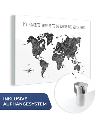 Obrázok produktu pre MuchoWow® Sklenené obrazy - Obrazy na stenu - Foto na skle Mapa sveta - Čiernobiela - Citát 90x60cm Nástenná dekorácia zo skla - akrylový sklenený obraz -