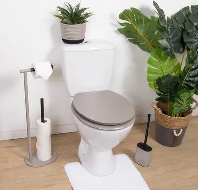 Immagine prodotto di Copertura per WC monocolore in MDF, di 18 pollici, con sistema di chiusura ammortizzata e elementi di fissaggio cromati color tortora