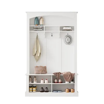 Produktbild von Garderoben-Set mit Bank und Schuhablage, Aufbewahrungsbank mit 3 hängenden Haken & offenem Stauraum, Aufbewahrung & Regale Garderobe für Flur, Weiß, 120 cm, 40 cm, 190 cm, Spanplatte