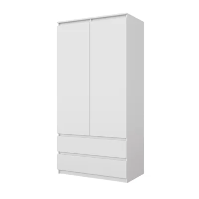 Image de Armoire Blanc Mat – Armoire Chambre 2 Portes avec 2 Tiroirs, Armoire de Rangement L90 x H180 x P50 cm