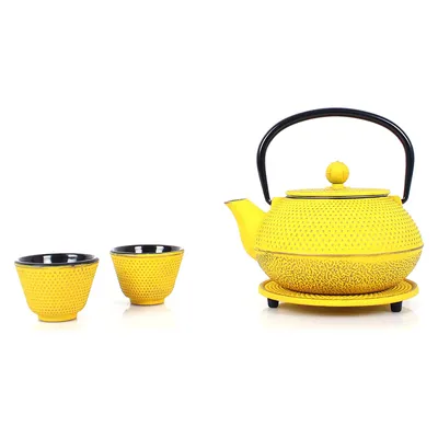 Produktbild von Echtwerk Teeservice Gusseisen Teekanne 1,1 L Teebereiter inkl. Untersetzer 2 Teetassen Teekannen-Set Vintage-Design, Farbe:Gelb