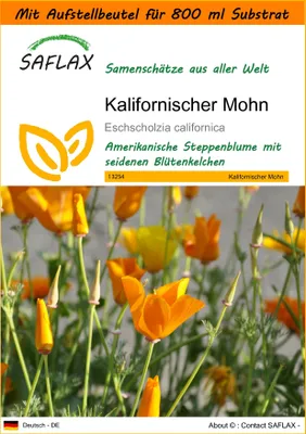 Produktbild von SAFLAX Garden in the bag - Kalifornischer Mohn - Eschscholzia californica - 1500 Samen - Mit Anzuchtsubstrat im praktischen, selbst aufstellenden Beutel