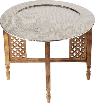 Produktbild von Marokkanischer Runder Tisch Couchtisch Hania ø 60cm rund | Orientalischer Wohnzimmertisch mit klappbaren Vintage Gestell aus Holz in Braun | Das Tablett Dieser Klapptisch ist aus Metall in Silber
