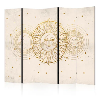 A 5-panel room divider with a celestial illustration of the sun and moon.
