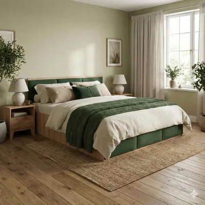 Produktbild von Komvortowy | Polsterbett 120x200 Cm | EICHE CRAFT GOLD | Doppelbett Mit Metall-Lattenrost & Gasdruckfeder |GRÜNES POLSTERPANEEL| Bettkasten Ohne Bodenplatte | Stauraumbett | Hochklappbar