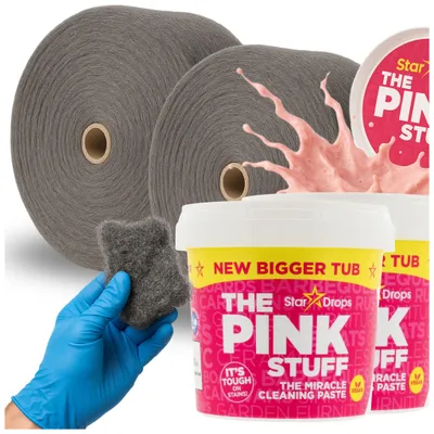 Produktbild von The Pink Stuff Reinigungspaste 2 x 850g + WOOLTEC Stahlwolle 2 x 1kg 0+00 Set – Universalreiniger & Polierwolle gegen Fett, Eingebranntes, Rost, Kalk